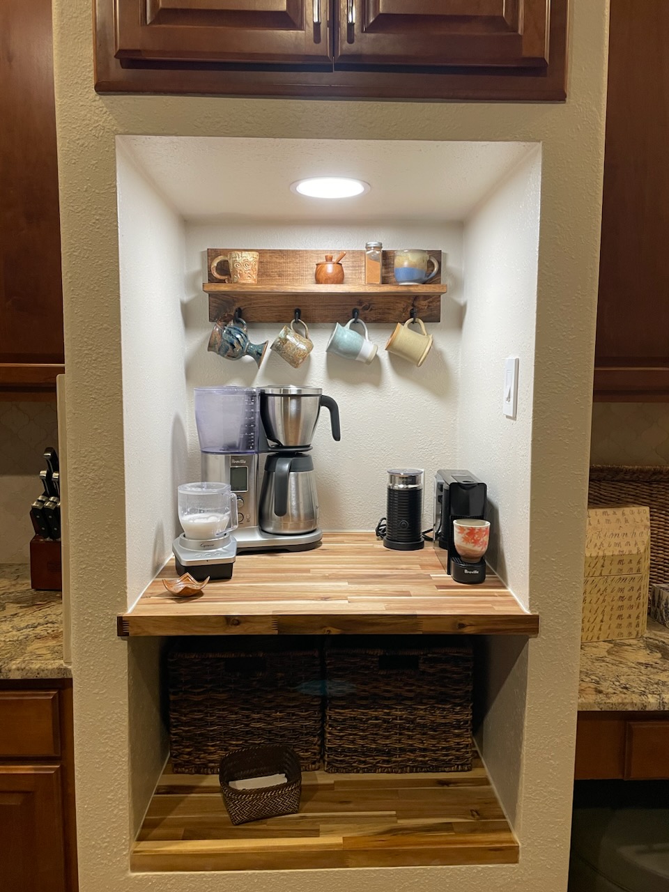 Custom built-in coffee station with butcher block